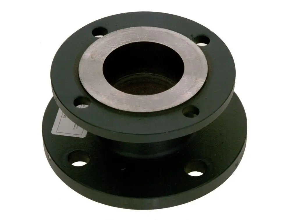 Rohrflansch aus schwarzem Metall mit einer zylindrischen Öffnung in der Mitte. Vier Durchgangslöcher zur Montage sind sichtbar. Produkt von Bosch.